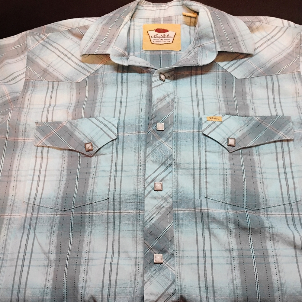 Larry Mahan Mens Medium Blue Plaid‎ Short Sleeve Western Square Pearl Snap B